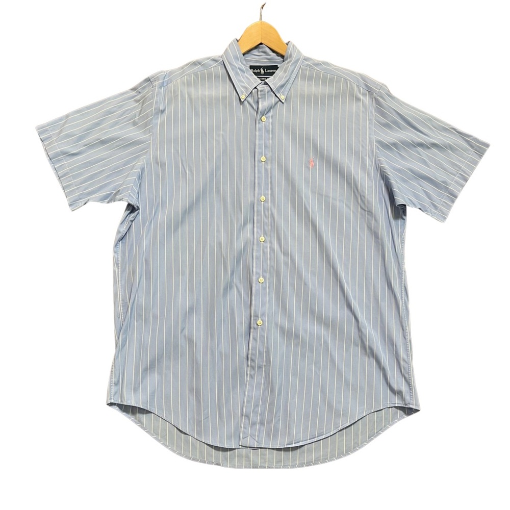 Ralph Lauren Button Shirt Mens Blue Striped Pink Pony Short Sleeve Size Large